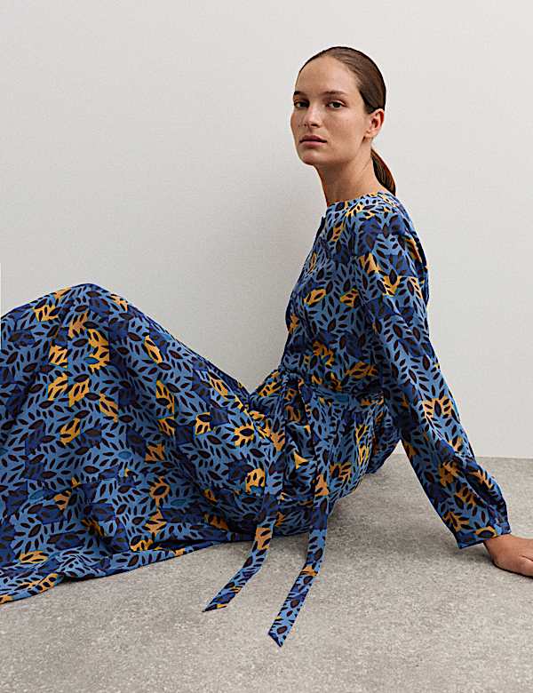 Robe midi 100 % soie à imprimé feuilles - CA