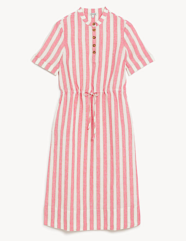 Getailleerde midi-jurk van zuiver linnen met streepmotief - BE