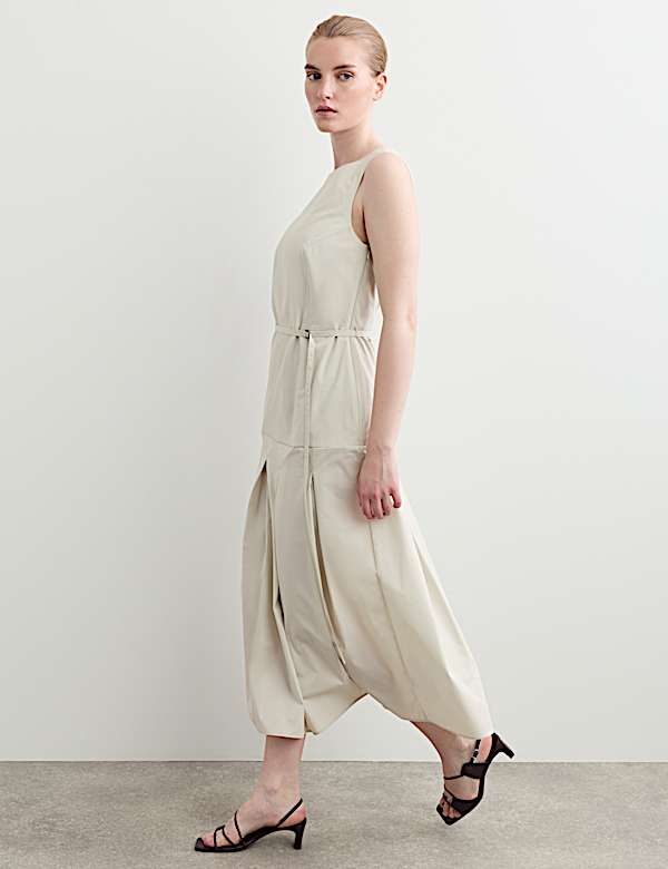 Cotton Blend Pleated Midi Waisted Dress - IT
