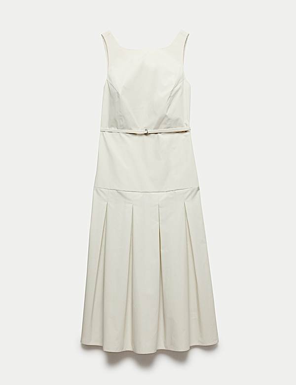 Cotton Blend Pleated Midi Waisted Dress - IT