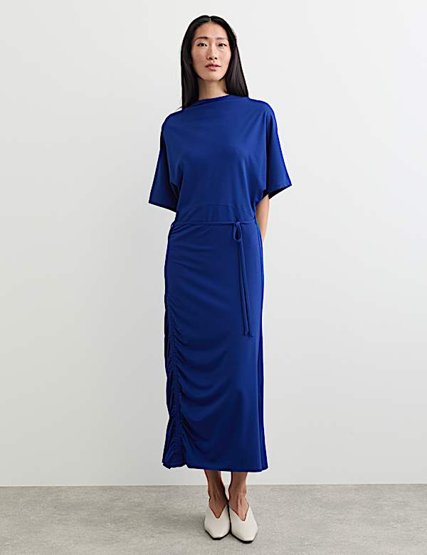 Fluid Drape Cowl Neck Tie Detail Midi Waisted Dress - IT
