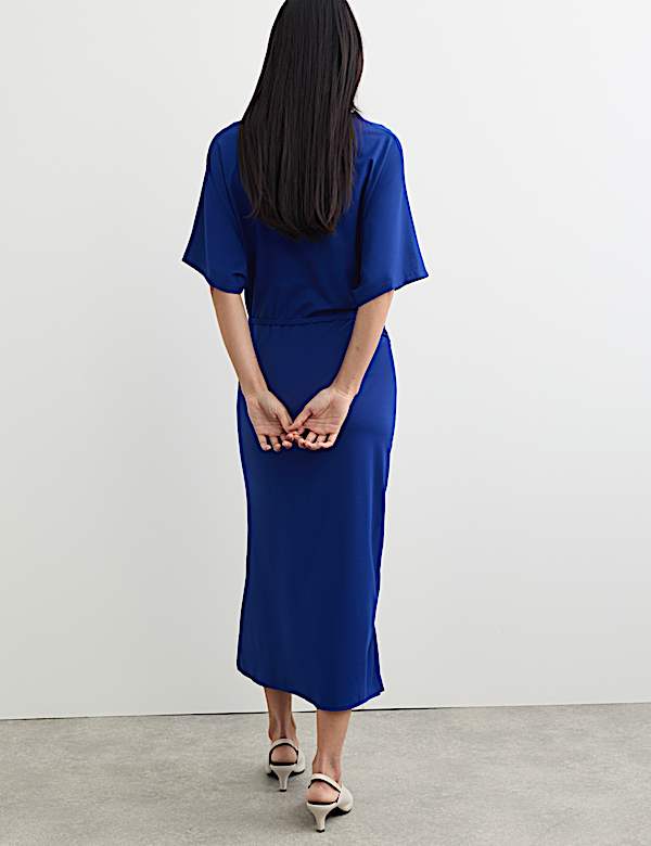Fluid Drape Cowl Neck Tie Detail Midi Waisted Dress - IT