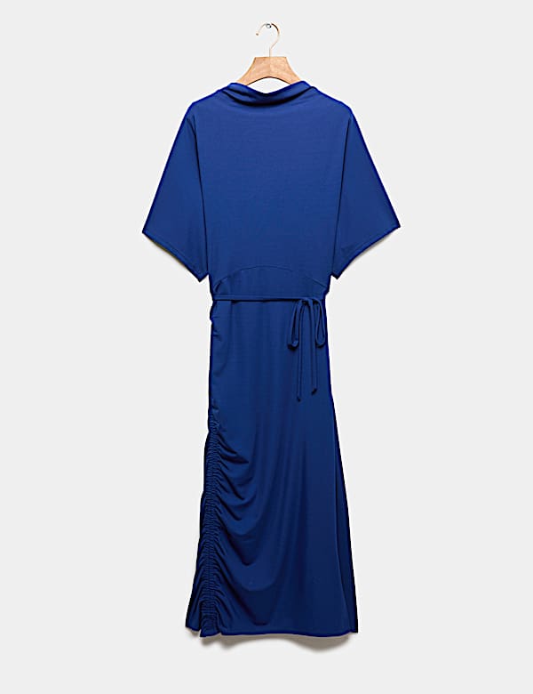 Fluid Drape Cowl Neck Tie Detail Midi Waisted Dress - IT