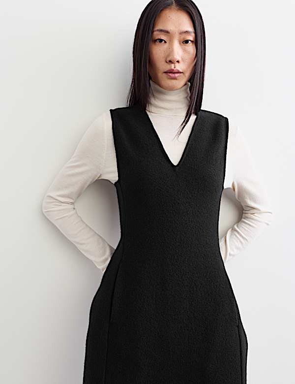 Pure Wool Textured V Neck Midi Dress - CH