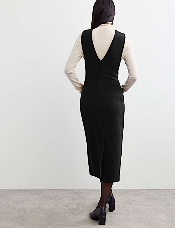 Pure Wool Textured V Neck Midi Dress - CH