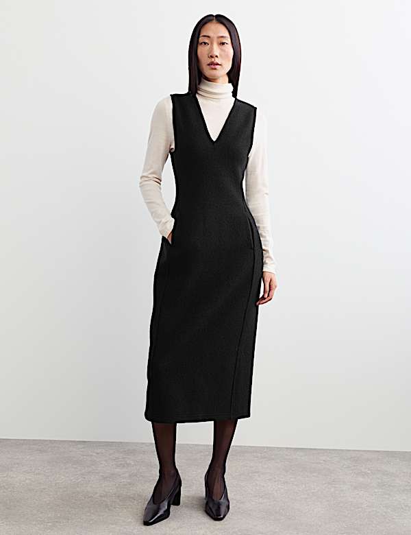 Pure Wool Textured V Neck Midi Dress - CH