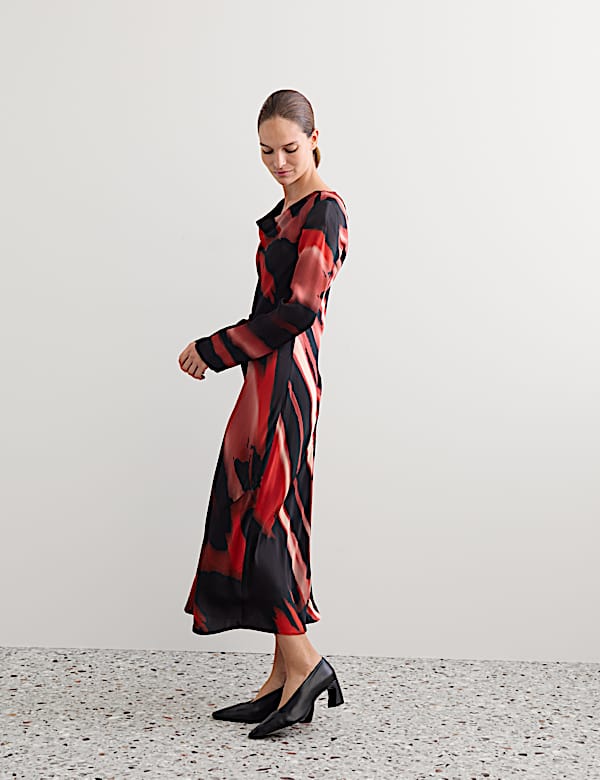 Satin Printed Cowl Neck Midi Slip Dress - UA