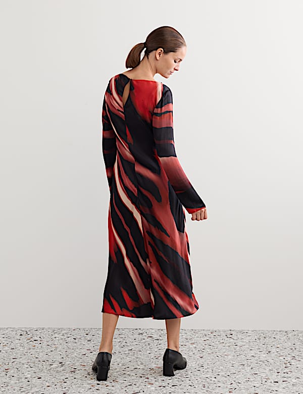 Satin Printed Cowl Neck Midi Slip Dress - UA