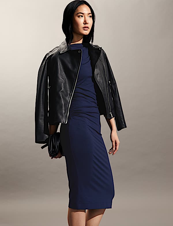 Jersey Round Neck Ruched Midi Dress - NL