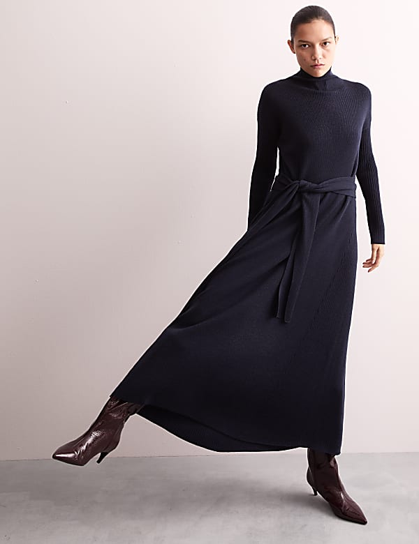 Robe en maille &agrave; col chemin&eacute;e 100 % laine de m&eacute;rinos - FR