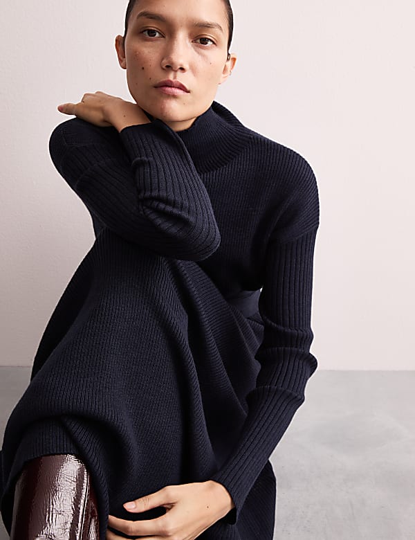 Robe en maille &agrave; col chemin&eacute;e 100 % laine de m&eacute;rinos - FR