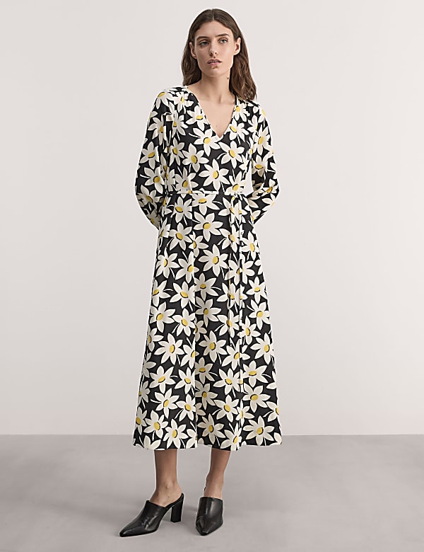 Pure Silk Floral V-Neck Midi Dress - GR