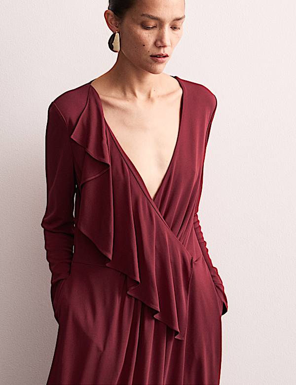 Robe midi style portefeuille &agrave; volants et col en V en jersey - CA