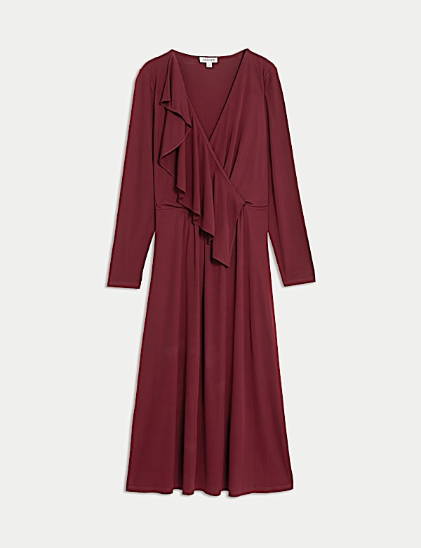 Robe midi style portefeuille &agrave; volants et col en V en jersey - CA