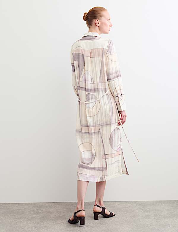 Printed Tie Waist Midi Shirt Dress - IT