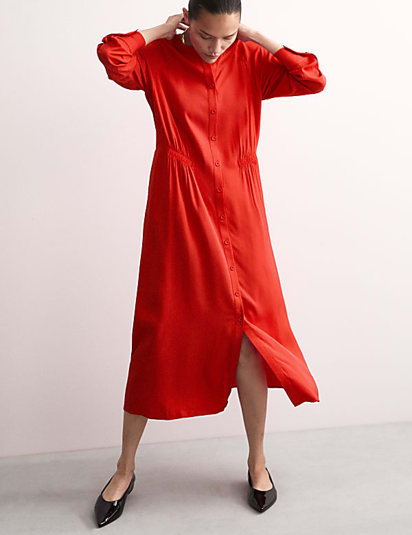 Collarless Button Through Midi Shirt Dress RED Dresses M S GR