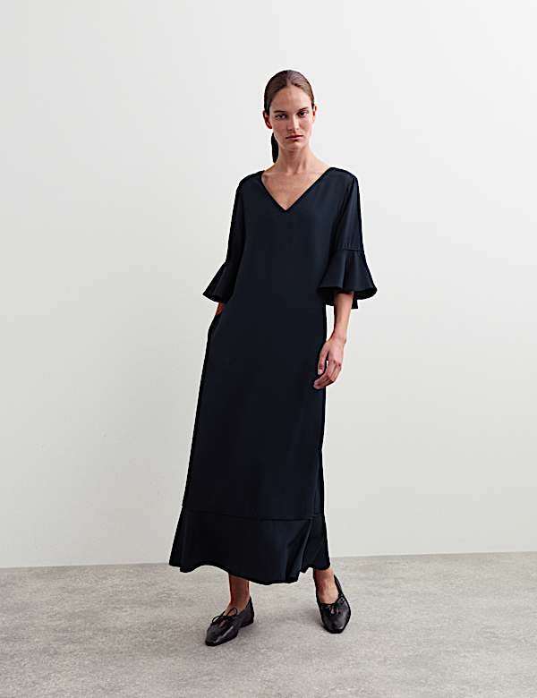 Robe patineuse mi-longue à détail jabot en tweed de cavalerie - CA