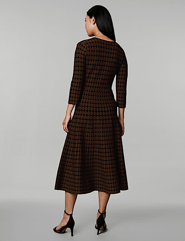 Gaun Skater Midi Kerah V Jacquard Motif Bunga - ID