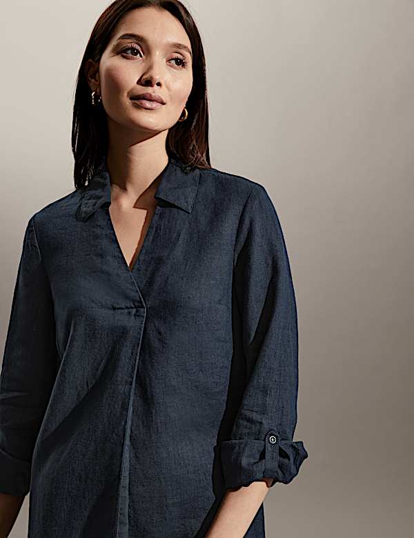 שמלה רב-עונתית באורך הברך מפשתן טהור עם צווארון וי - IL