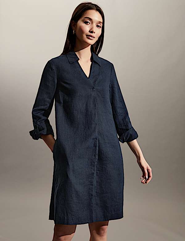 שמלה רב-עונתית באורך הברך מפשתן טהור עם צווארון וי - IL