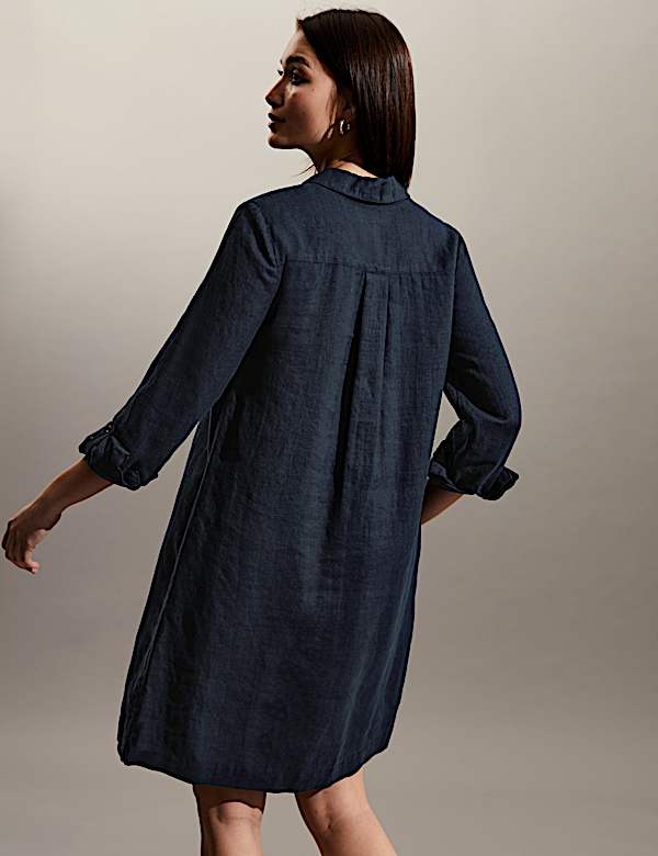 שמלה רב-עונתית באורך הברך מפשתן טהור עם צווארון וי - IL