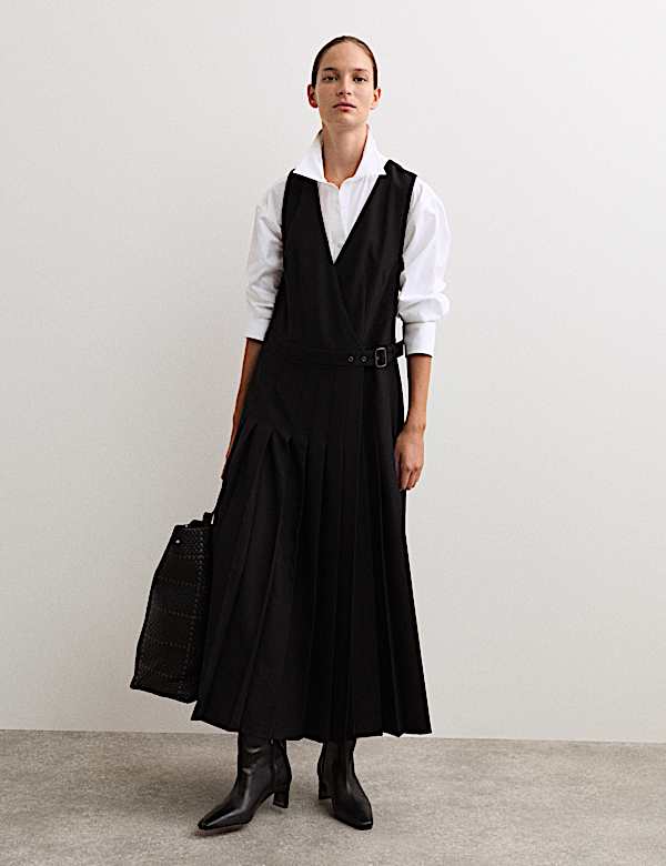 Robe plissée midaxi en laine mélangée et col en V - CA