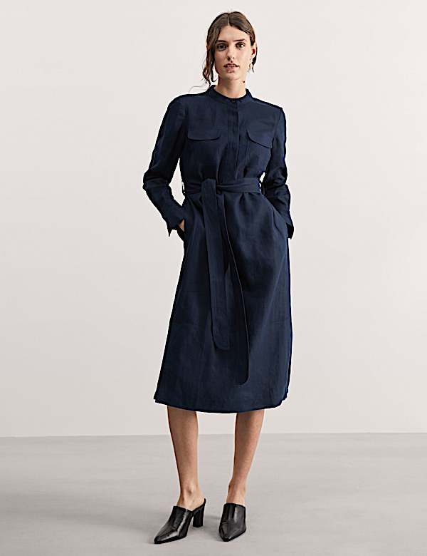 Vestido columna a media pierna 100% lino con cintur&oacute;n - ES