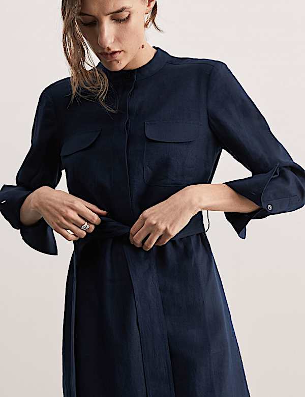 Vestido columna a media pierna 100% lino con cintur&oacute;n - ES