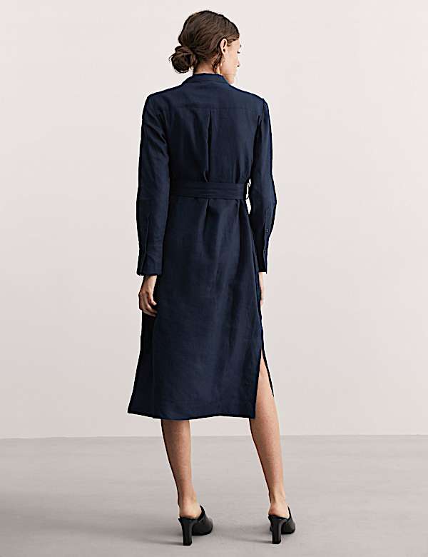 Vestido columna a media pierna 100% lino con cintur&oacute;n - ES