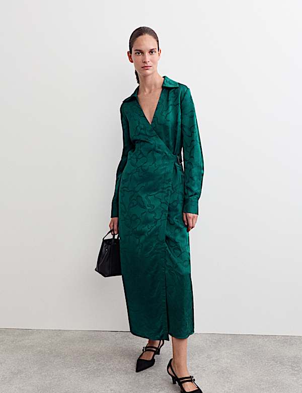 Floral Jacquard Midi Wrap Dress - NL