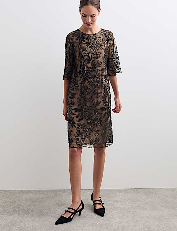 Sequin Round Neck Knee Length Shift Dress - NL