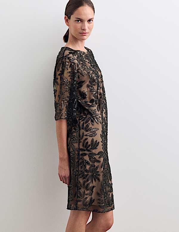 Sequin Round Neck Knee Length Shift Dress - NL