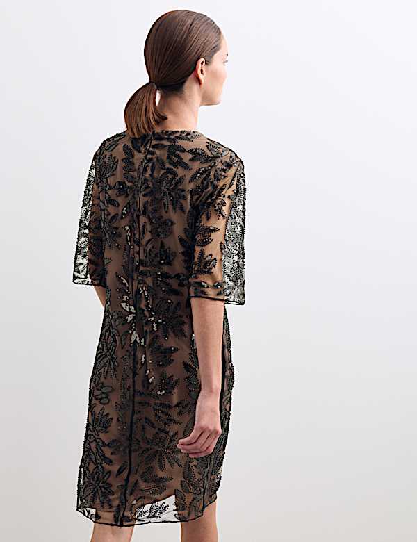 Sequin Round Neck Knee Length Shift Dress - NL