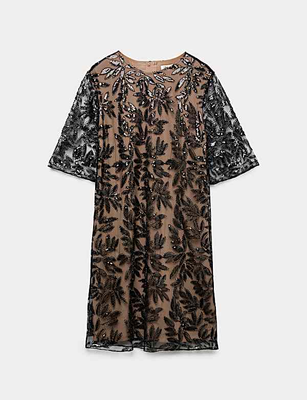 Sequin Round Neck Knee Length Shift Dress - NL