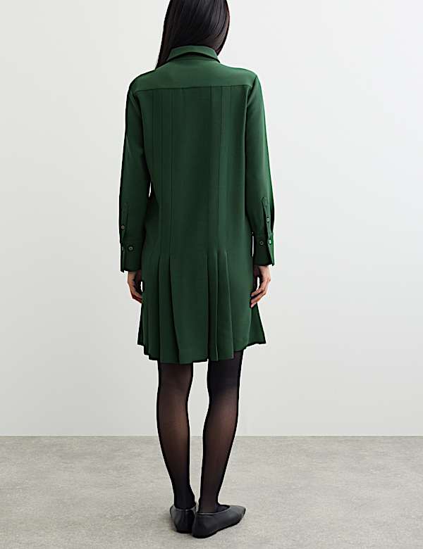 Crepe Pleated Knee Length Shirt Dress - NZ