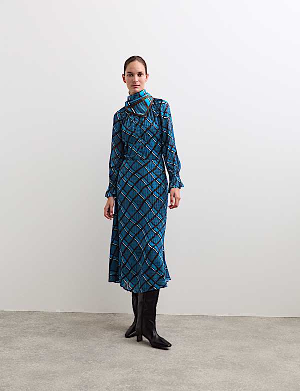 Checked Round Neck Midi Skater Dress - NL