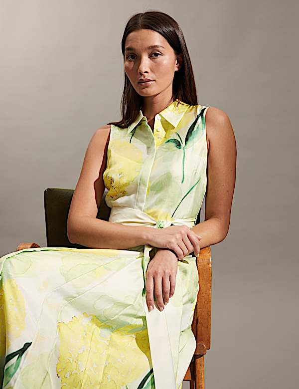 Gebloemde midi-overhemdjurk van zuiver zijde met ceintuur - NL