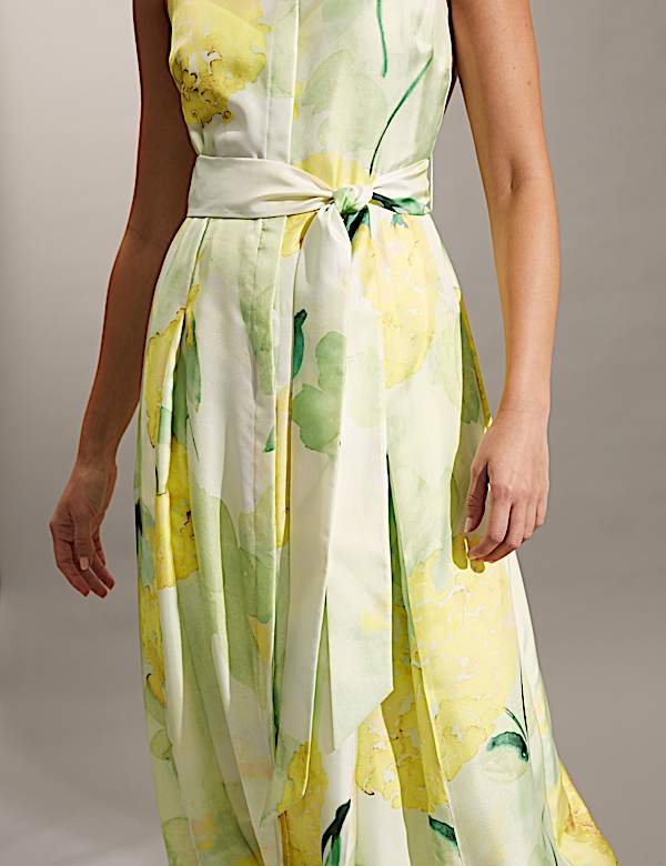 Gebloemde midi-overhemdjurk van zuiver zijde met ceintuur - NL