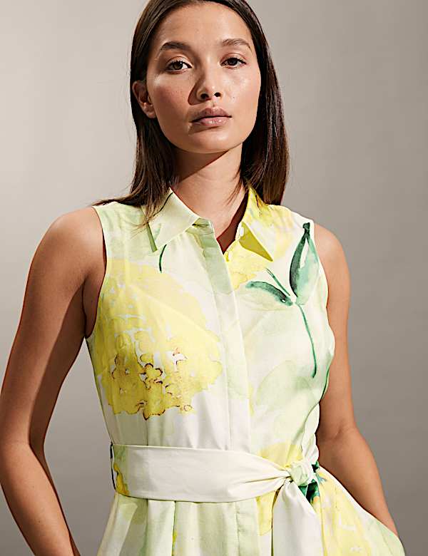 Gebloemde midi-overhemdjurk van zuiver zijde met ceintuur - NL