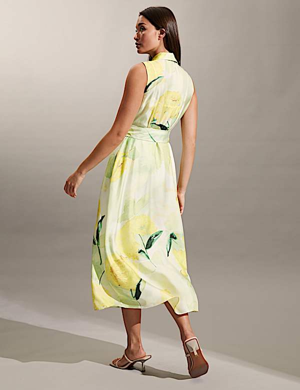 Gebloemde midi-overhemdjurk van zuiver zijde met ceintuur - NL