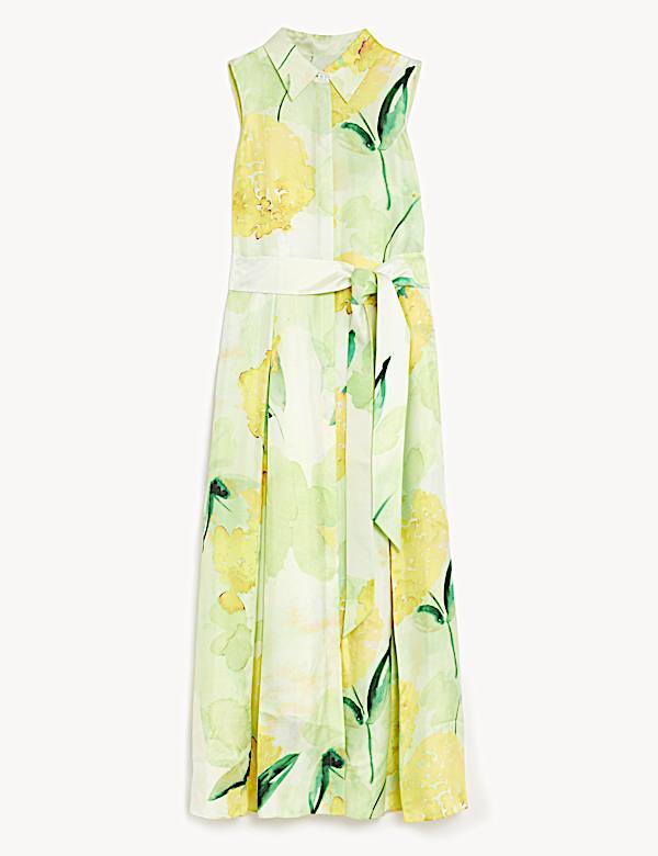 Gebloemde midi-overhemdjurk van zuiver zijde met ceintuur - NL