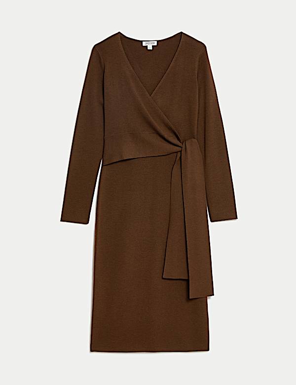 Gaun Midi Rajut Wol Merino Murni Kerah V - ID