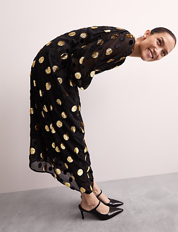 Polka Dot Blouson Sleeve Midi Column Dress - GR
