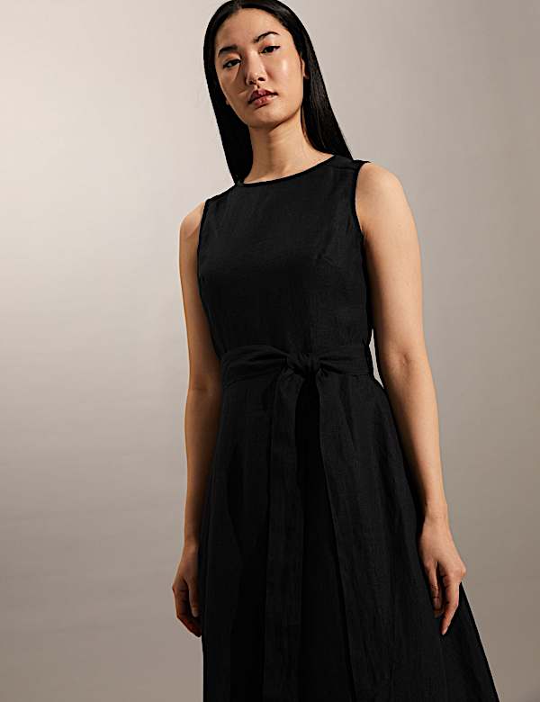 Vestido skater a media pierna 100% lino con cintur&oacute;n - ES