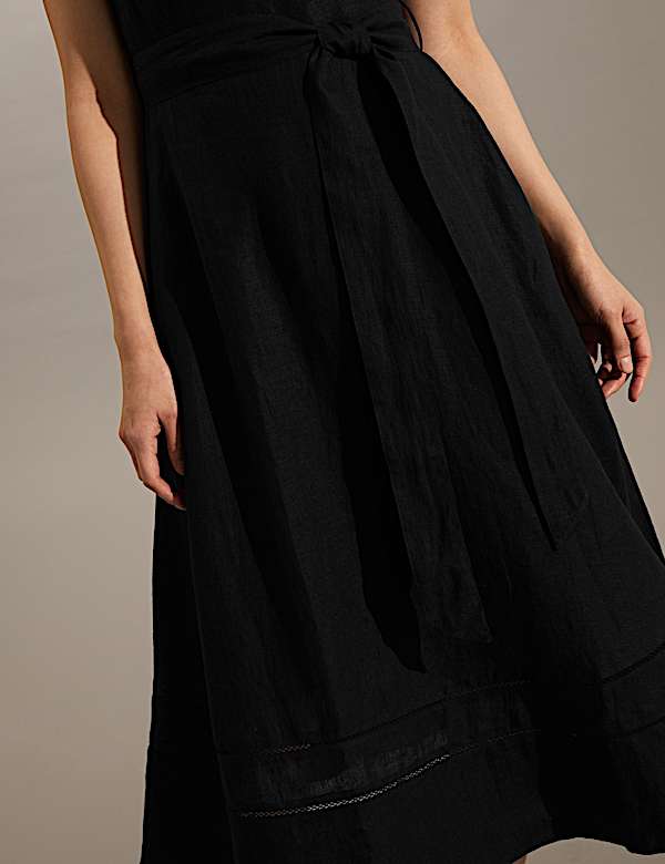 Vestido skater a media pierna 100% lino con cintur&oacute;n - ES