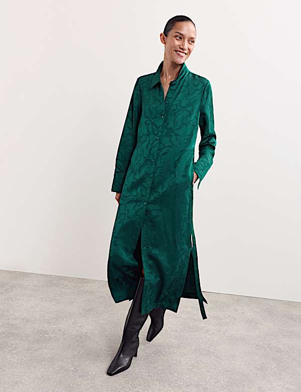 Robe chemise midi à col V et motif fleuri jacquard - FR