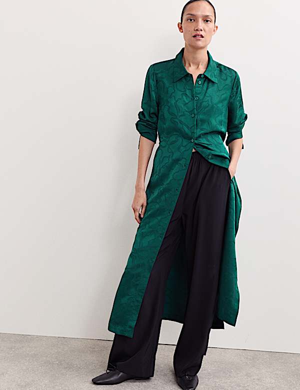 Floral Jacquard Belted Midi Shirt Dress - NL