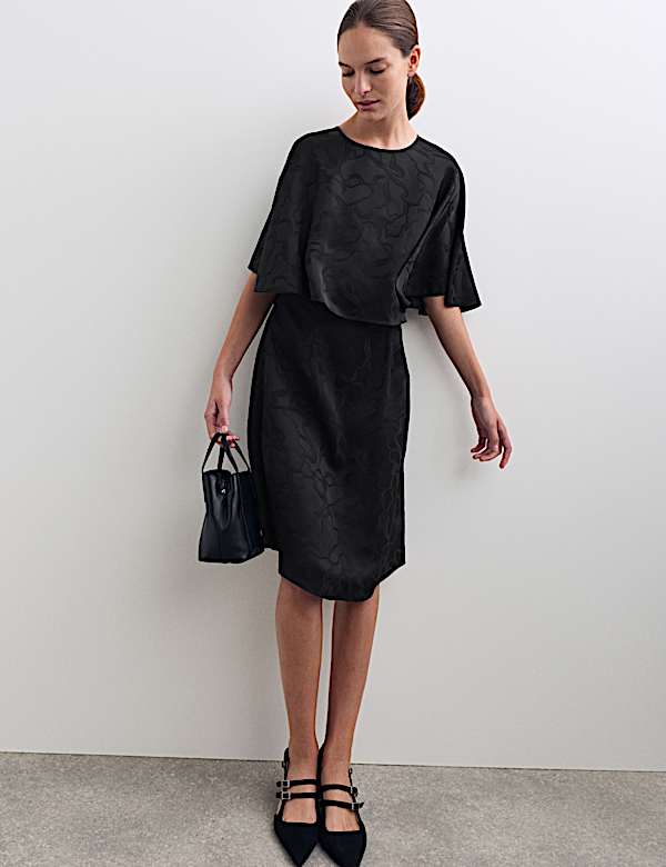 Floral Jacquard Mini Shift Dress with Cape - NL