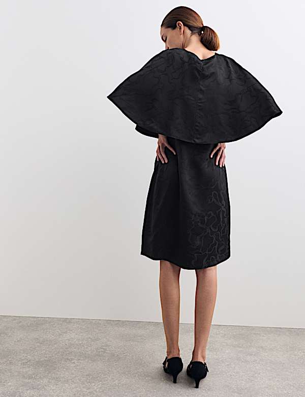 Floral Jacquard Mini Shift Dress with Cape - NL