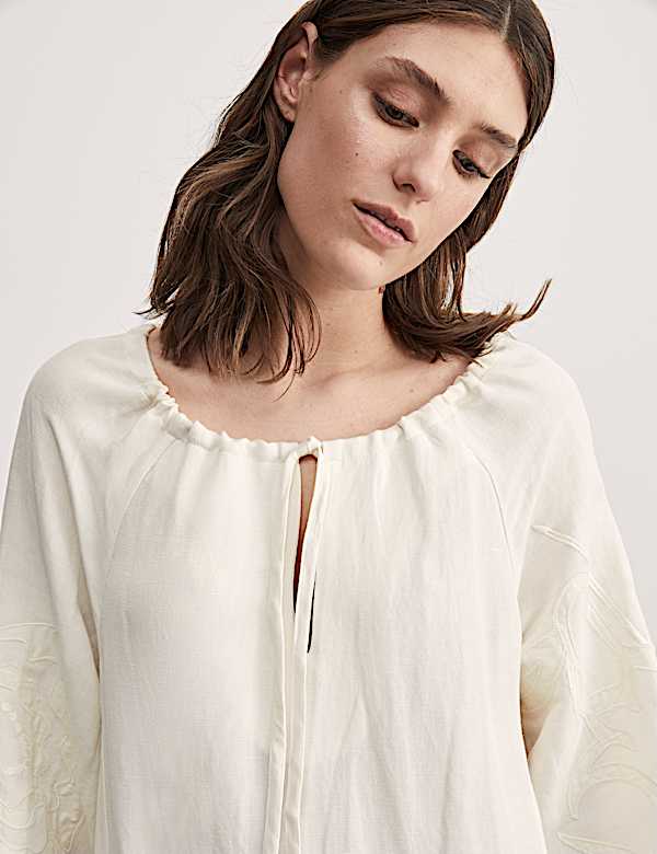 Linen Rich Embroidered Tie Neck Midi Shift Dress - CA